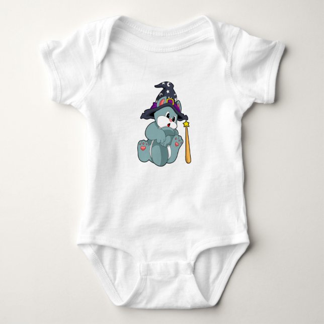 Cat as Wizard with Magic wand & Hat Baby Bodysuit (Front)
