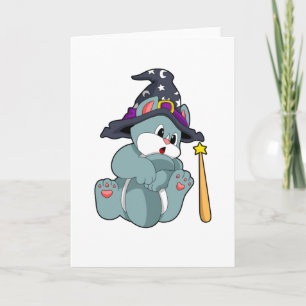 Cat as Wizard with Magic wand & Hat Card