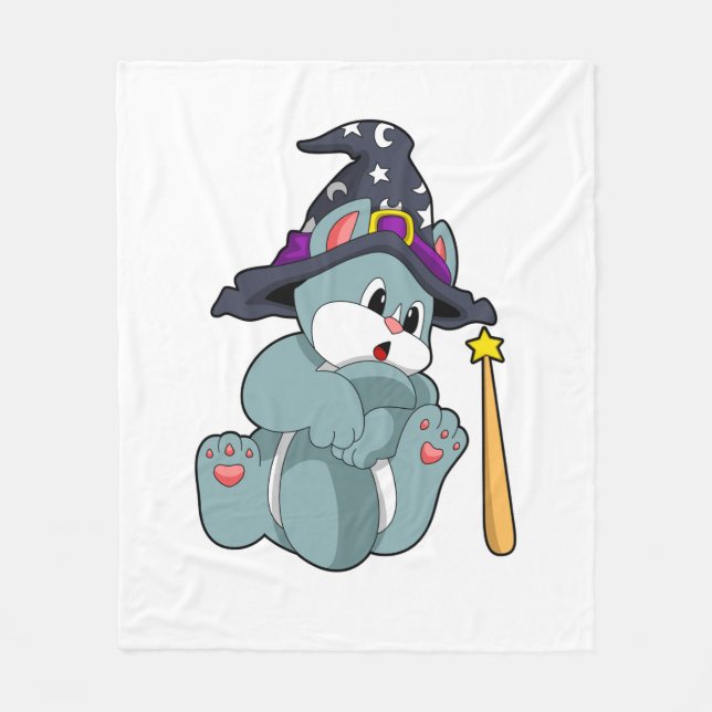 Cat as Wizard with Magic wand & Hat Fleece Blanket (Front)