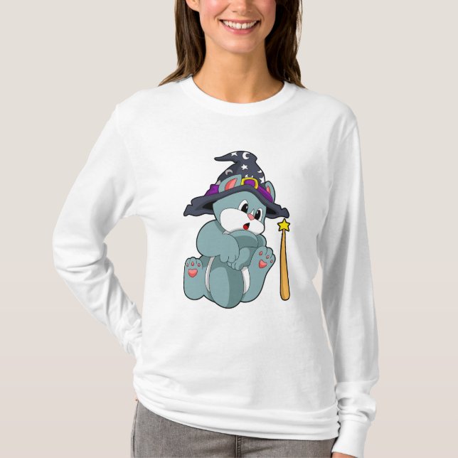 Cat as Wizard with Magic wand & Hat T-Shirt (Front)