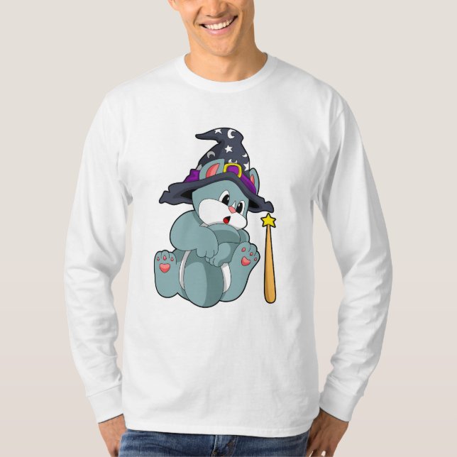 Cat as Wizard with Magic wand & Hat T-Shirt (Front)