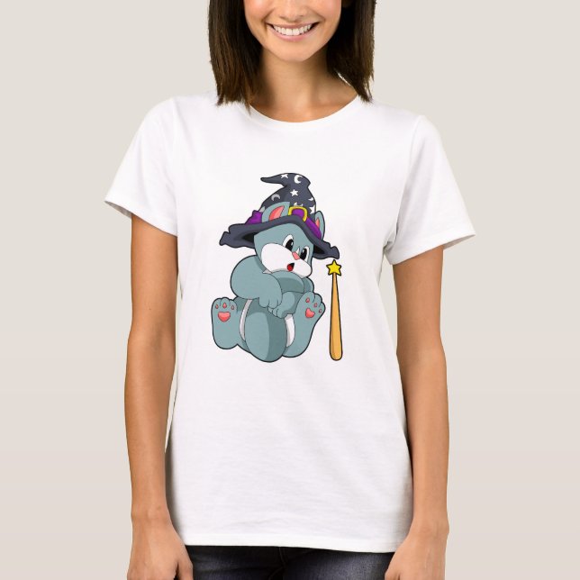Cat as Wizard with Magic wand & Hat T-Shirt (Front)