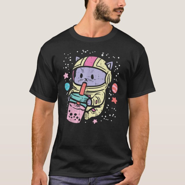 Cat Astronaut Boba Bubble Tea Kawaii Boys Girls Ki T-Shirt (Front)