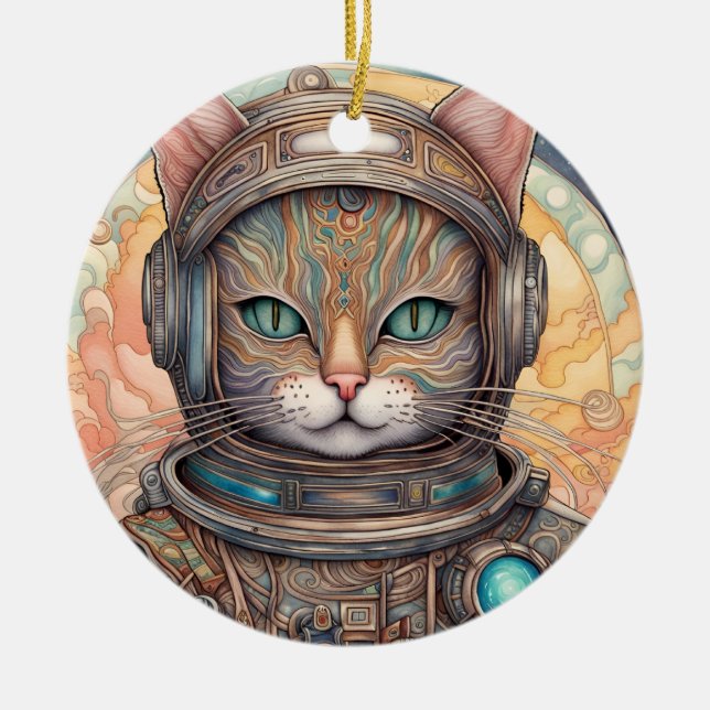 Cat Astronaut intricately detailed anime art Ceramic Tree Decoration (Front)