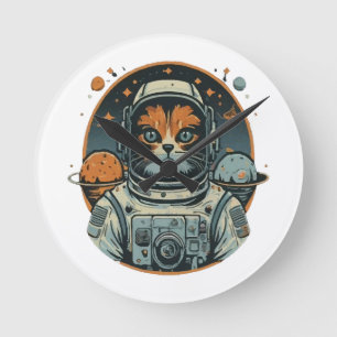 Cat-astronaut on Asteroids Round Clock