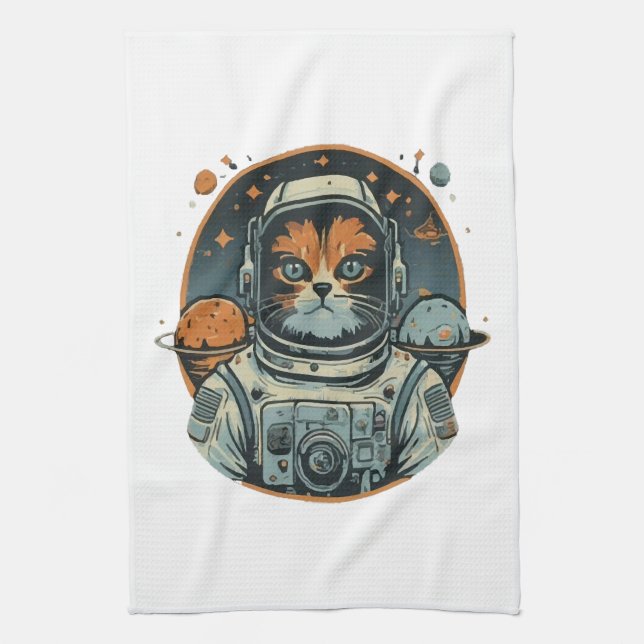 Cat-astronaut on Asteroids Tea Towel (Vertical)