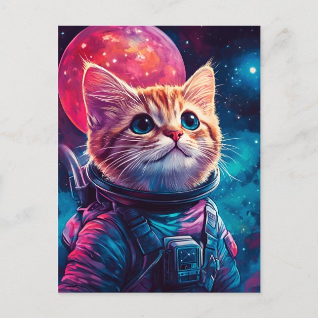 Cat astronaut pink space invitation postcard (Front)