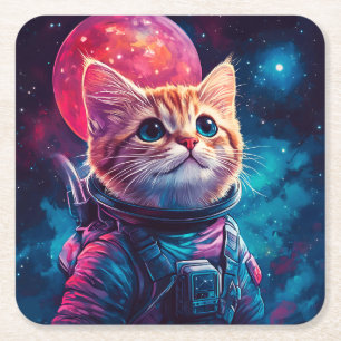 Cat astronaut pink space square paper coaster