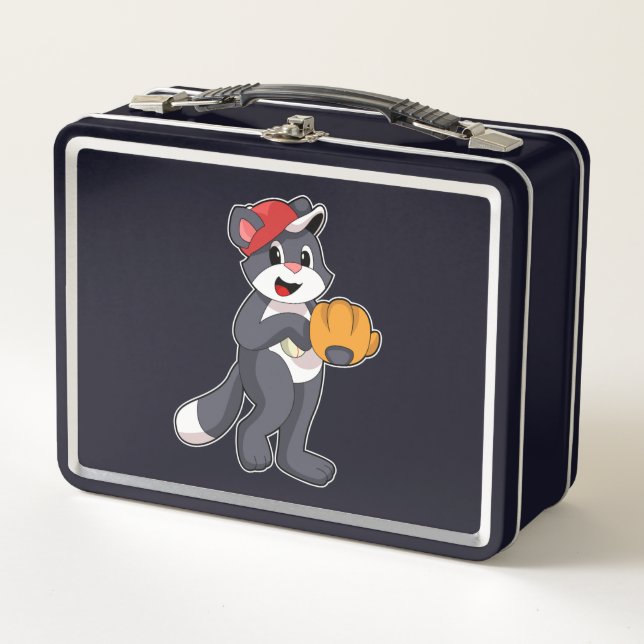 Cat at Baseball with Baseball glove.PNG Metal Lunch Box (Front)