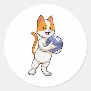 Cat at Bowling with Bowling ball Classic Round Sticker