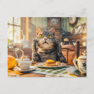 Cat at breakfast table with croissants and juice holiday postcard