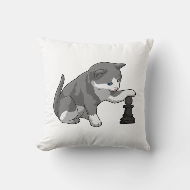 Cat at Chess with Chess piece Bishop Cushion (Front)
