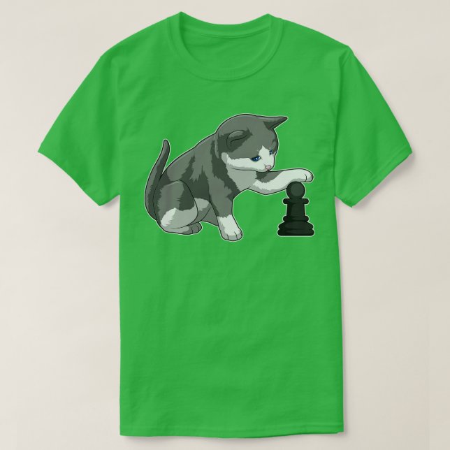 Cat at Chess with Chess piece Bishop T-Shirt (Design Front)