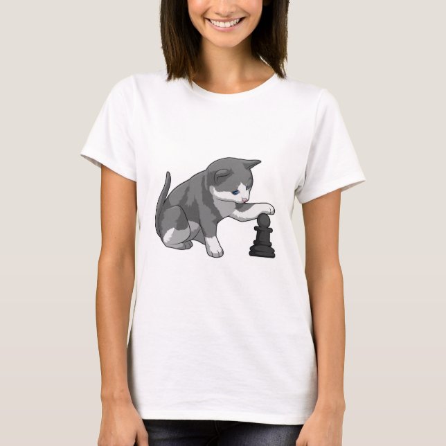 Cat at Chess with Chess piece Bishop T-Shirt (Front)
