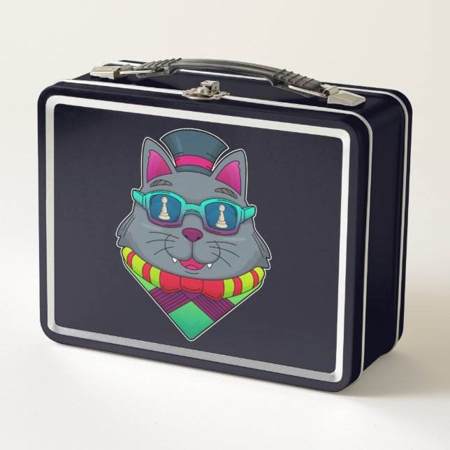 Cat at Chess with Chess piece Pawn Metal Lunch Box (Front)