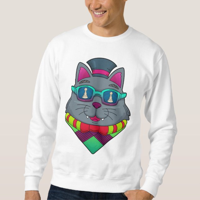 Cat at Chess with Chess piece Pawn Sweatshirt (Front)
