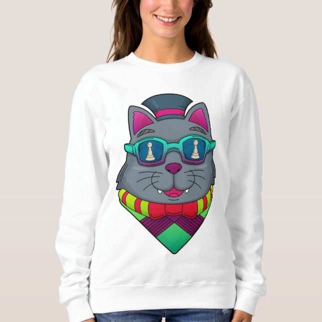 Cat at Chess with Chess piece Pawn Sweatshirt (Front)