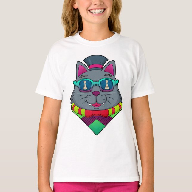 Cat at Chess with Chess piece Pawn T-Shirt (Front)
