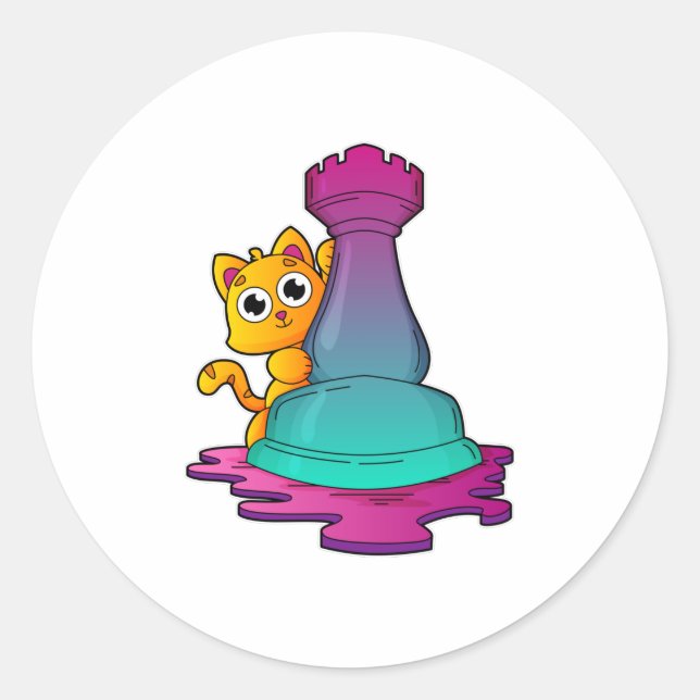 Cat at Chess with Chess piece Rook Classic Round Sticker (Front)