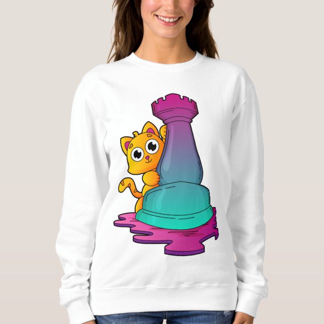 Cat at Chess with Chess piece Rook Sweatshirt (Front)