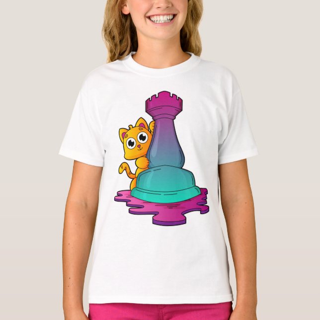 Cat at Chess with Chess piece Rook T-Shirt (Front)