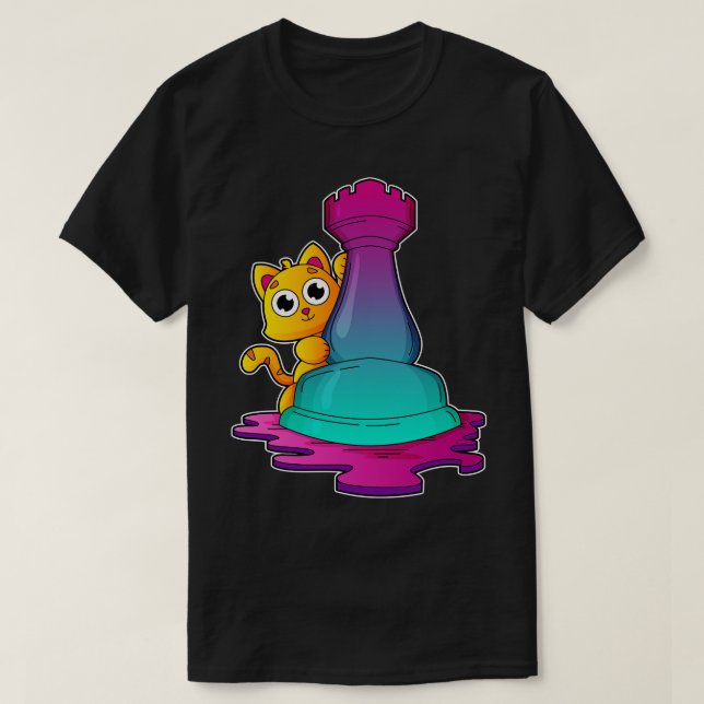 Cat at Chess with Chess piece Rook T-Shirt (Design Front)