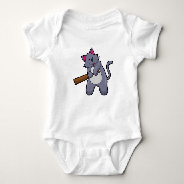 Cat at Cricket with Cricket bat Baby Bodysuit (Front)