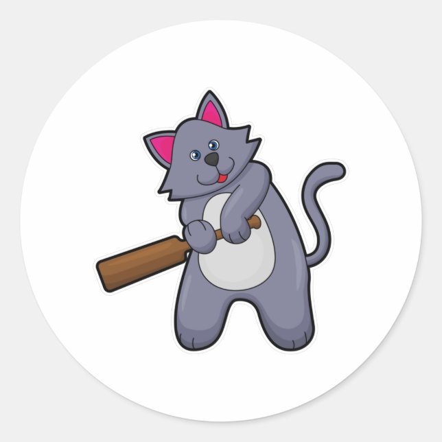 Cat at Cricket with Cricket bat Classic Round Sticker (Front)