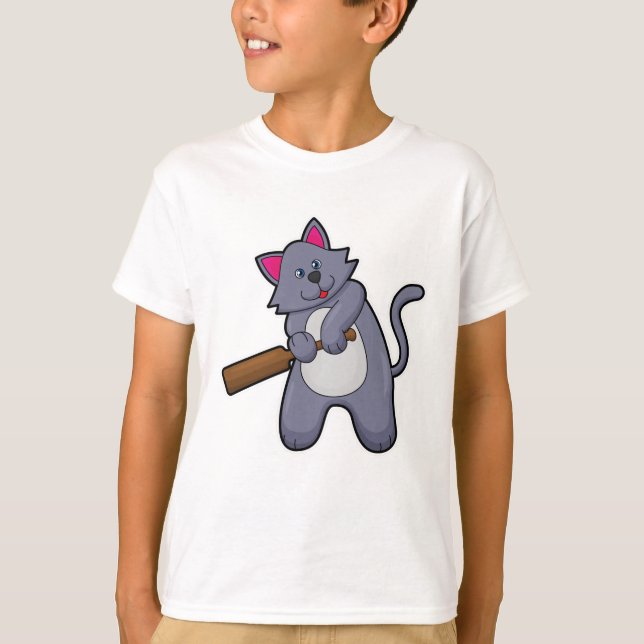 Cat at Cricket with Cricket bat T-Shirt (Front)