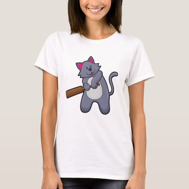Cat at Cricket with Cricket bat T-Shirt (Front)