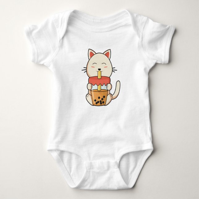 Cat at Drinking with Drinking straw Baby Bodysuit (Front)