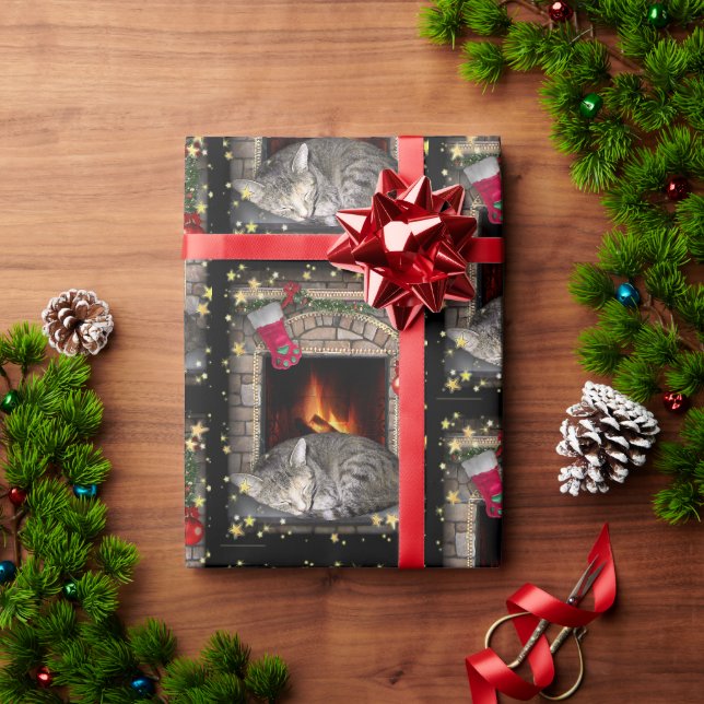 Cat at Fireplace Wrapping Paper (Holiday Gift)