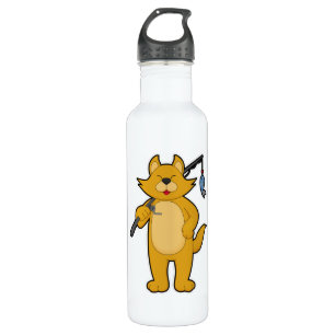 Cat at Fishing with Fishing rod & Fish 710 Ml Water Bottle