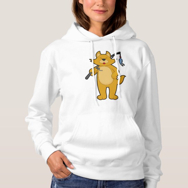 Cat at Fishing with Fishing rod & Fish Hoodie (Front)