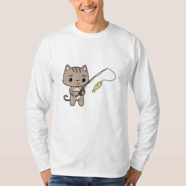 Cat at Fishing with Fishing rod T-Shirt (Front)