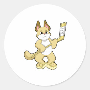 Cat at Ice hockey with Ice hockey stick Classic Round Sticker