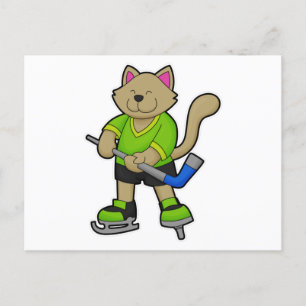 Cat at Ice hockey with Ice hockey stick Postcard