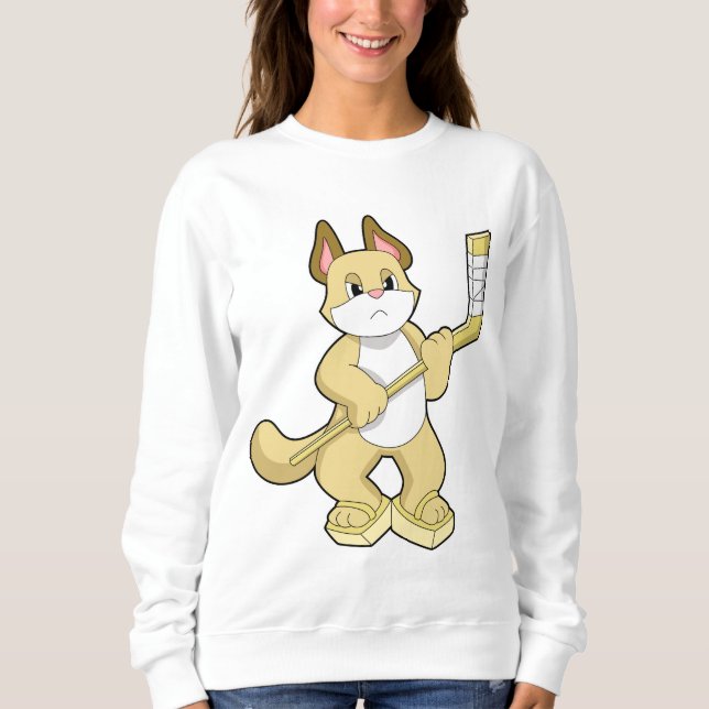 Cat at Ice hockey with Ice hockey stick Sweatshirt (Front)