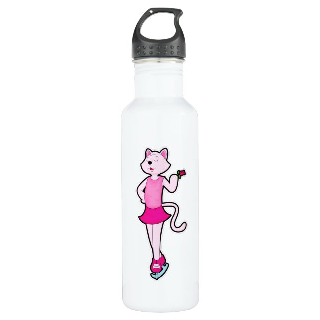 Cat at Ice skating with Flower 710 Ml Water Bottle (Front)