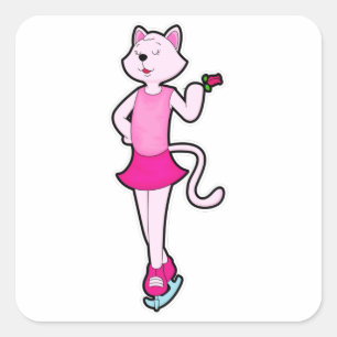 Cat at Ice skating with Flower Square Sticker