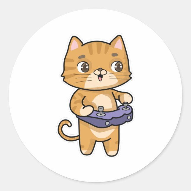 Cat at Playing with Controller Classic Round Sticker (Front)