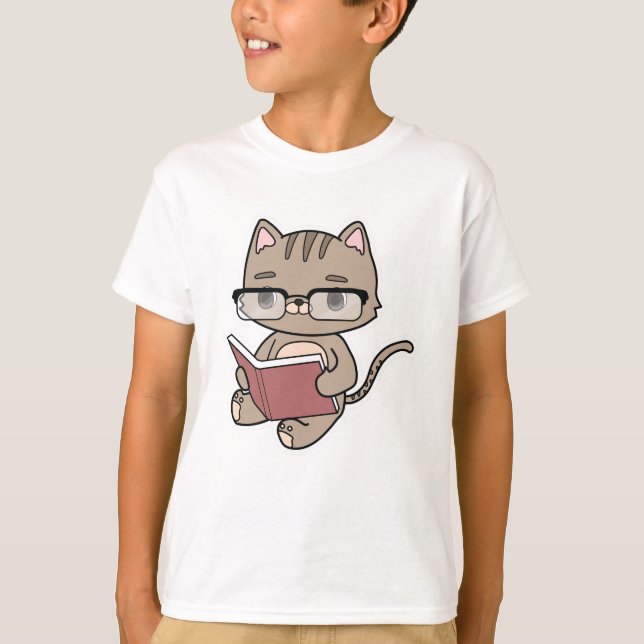 Cat at Reading with Book T-Shirt (Front)