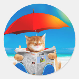 Cat At The Beach Reads Newspaper Classic Round Sticker
