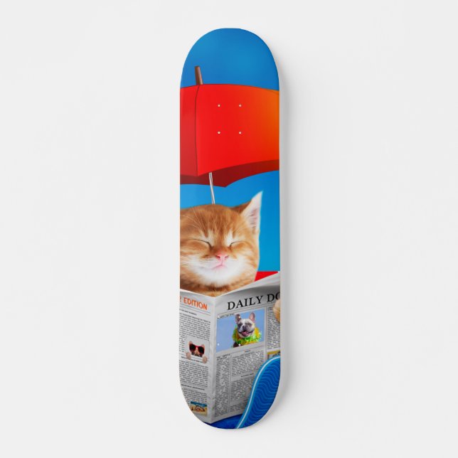 Cat At The Beach Reads Newspaper Skateboard (Front)