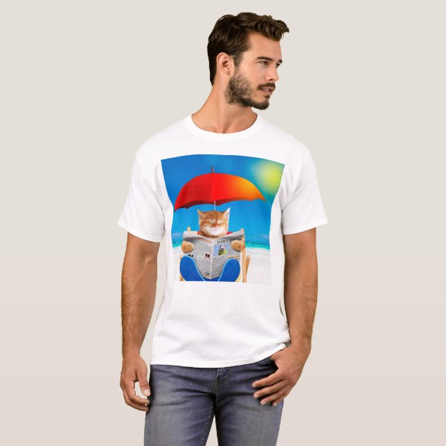 Cat At The Beach Reads Newspaper T-Shirt (Front Full)