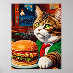 Cat at the Diner Orders a Cheeseburger Poster