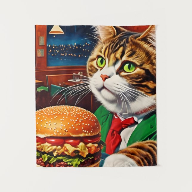 Cat at the Diner Orders a Cheeseburger Tapestry (Front)