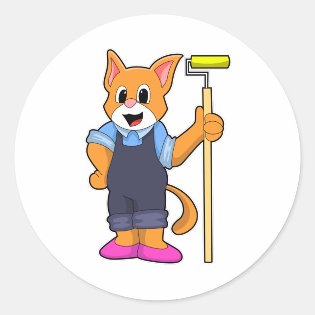 Cat at Wallpapering with Pressure roller Classic Round Sticker (Front)