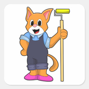 Cat at Wallpapering with Pressure roller Square Sticker