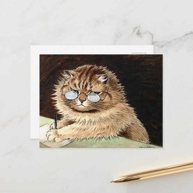 Cat at work with glasses by Louis Wain Holiday Postcard (Front/Back In Situ)
